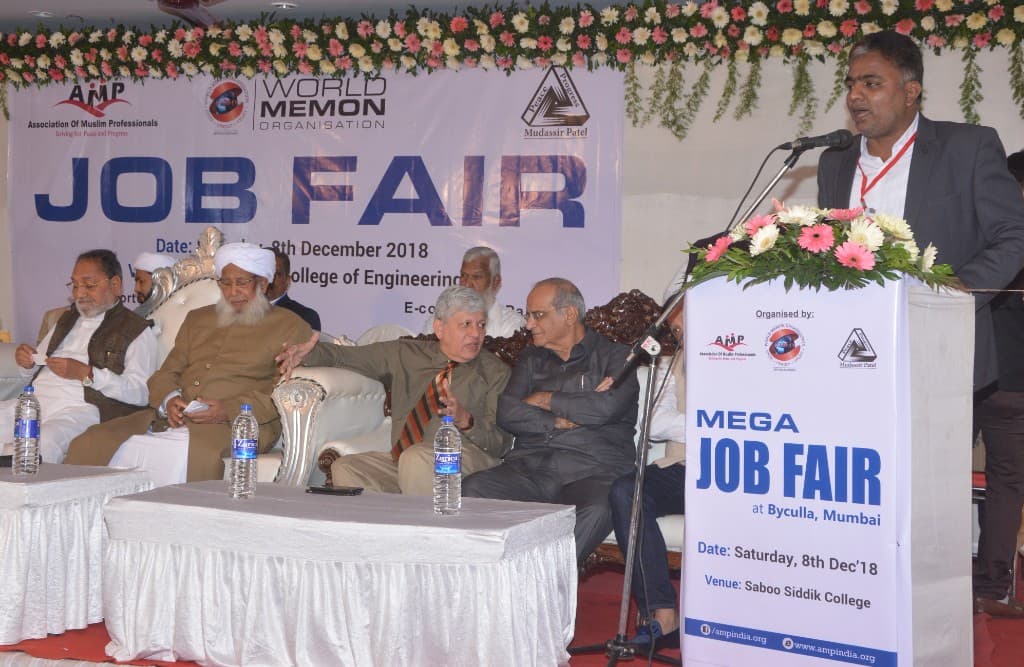 Speaker at the podium during the Mega Job Fair at Byculla, Mumbai